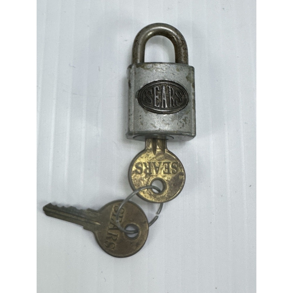 Vintage Oval 3D Badge SEARS Grey Small Padlock 2 Original Keys WORKS Made In USA